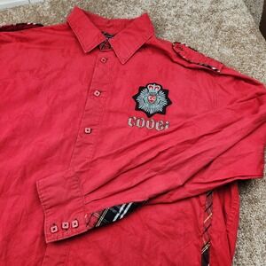 Coogi Mens XL Red Button Down Shirt Long Sleeve Embroidered Crest Plaid Trim